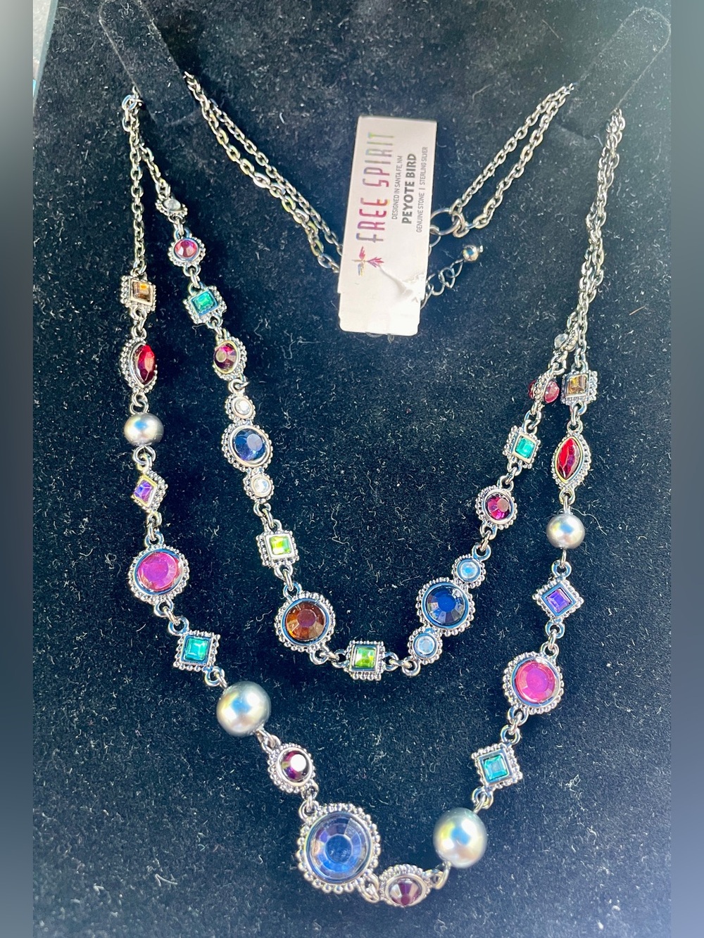 Peyote Bird Free Spirit Gunmetal Multi-Row Milgrain Stone Necklace